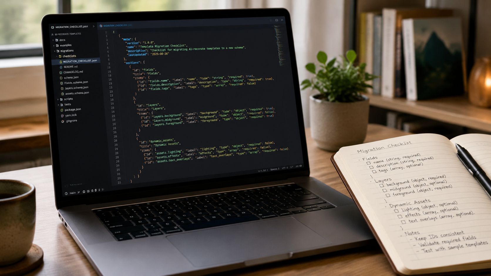 A laptop displaying JSON code alongside a notebook containing a handwritten
migration checklist on a wooden desk.