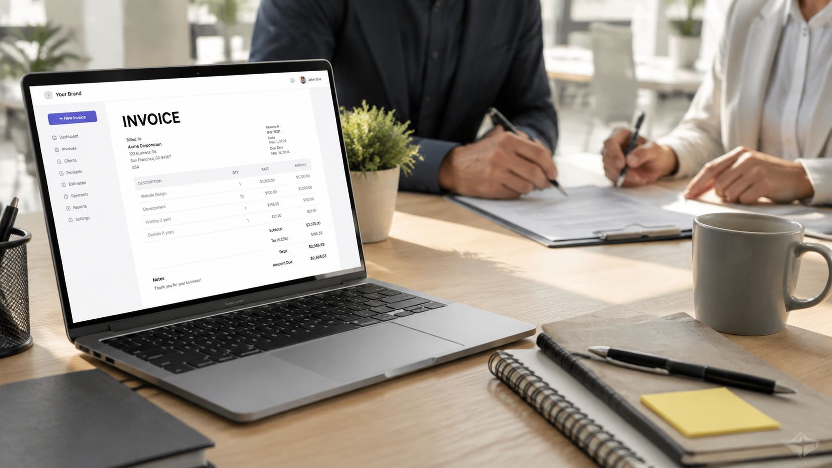 A professional desk with a laptop displaying an invoice next to people signing
business documents.