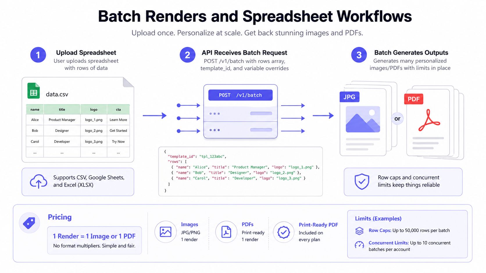 A diagram illustrating a batch rendering workflow using an API to convert
spreadsheets into personalized images and PDFs.
