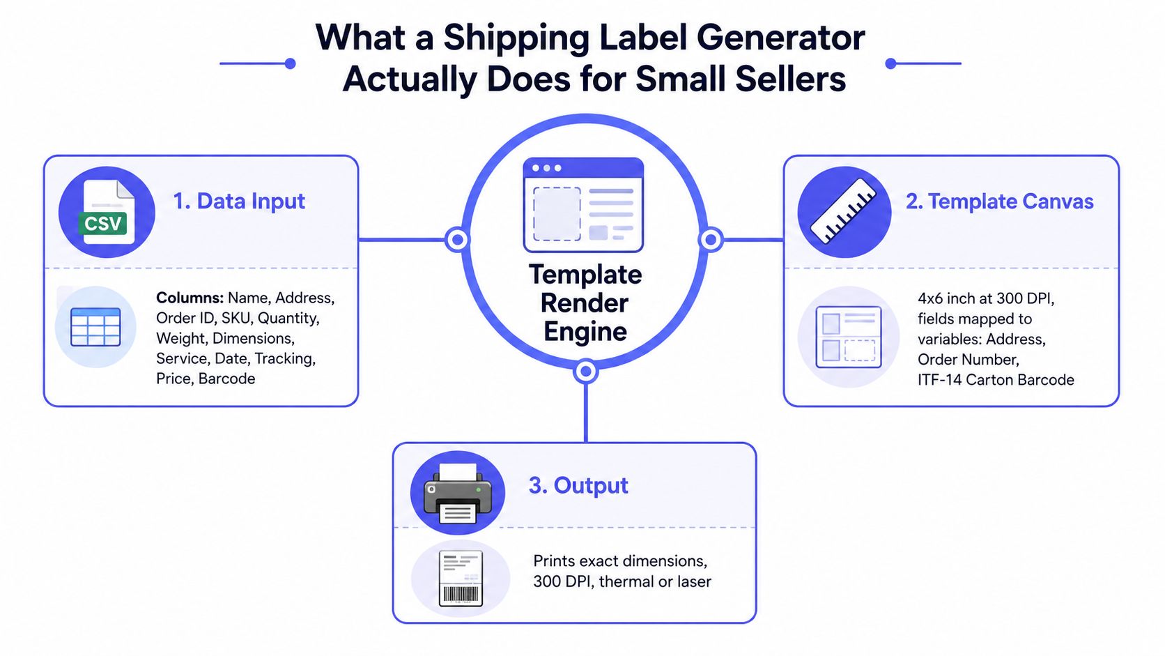 A diagram illustrating how a shipping label generator processes input data and
templates into printed shipping labels.