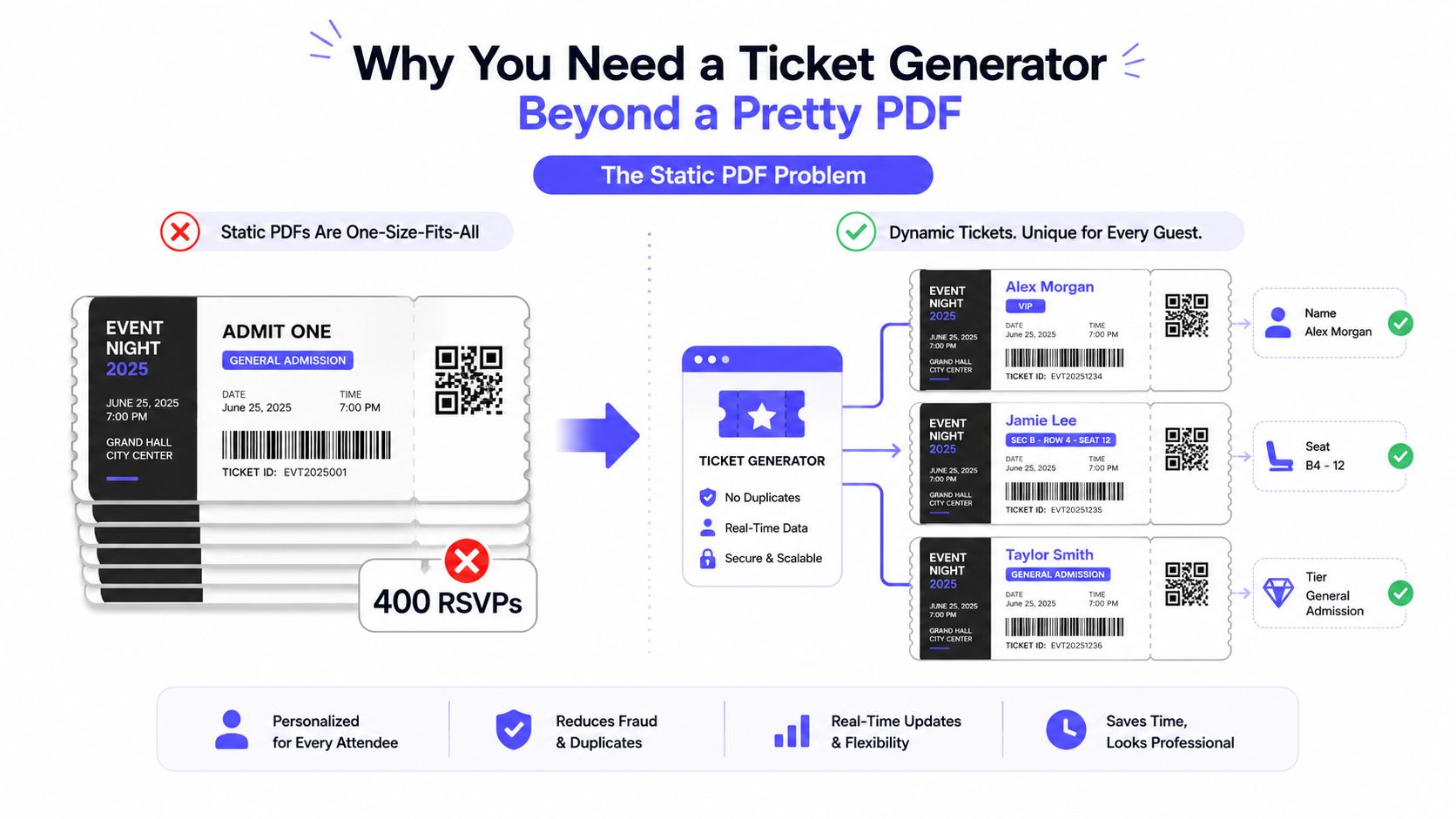 An infographic showing the benefits of using a ticket generator compared to
static PDF event tickets.